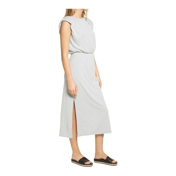 𝅺WAYF Padded Shoulder Midi Dress in light Heather gray - Picture 3 of 14